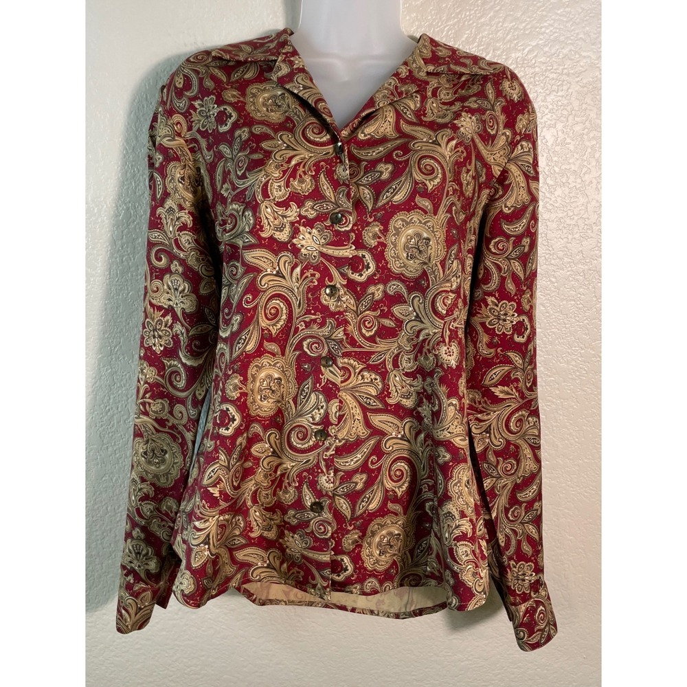 Talbots Womens 12 Button Down Shirt Red Paisley Silk Wool Long Sleeve Blouse